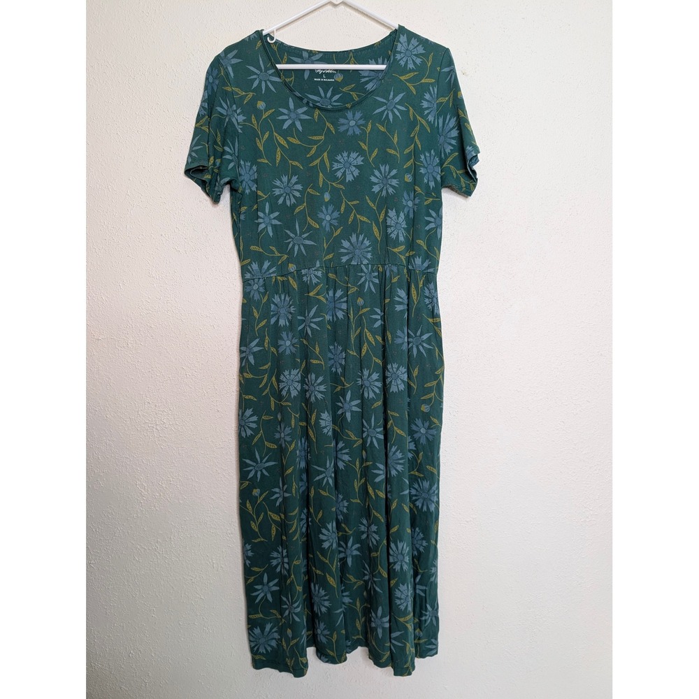 Gudrun Sjoden Womens Floral Midi Dress Large Green Short Sleeve Cotton Art Dress